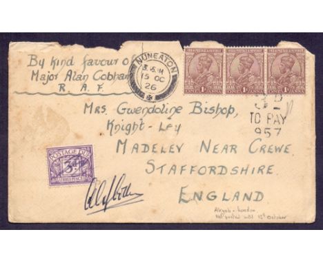 INDIA AIRMAIL COVER, 1926 Sir Alan Cobham return Australia to England flight. Envelope from Akyab, India flown by Cobham and 