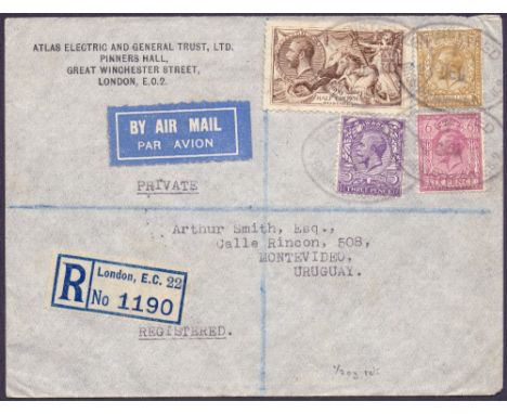 GREAT BRITAIN AIRMAIL COVER , 1933 Registered envelope franked with four GV stamps inc 2/6d Seahorse (1/2 oz rate). Flown by 