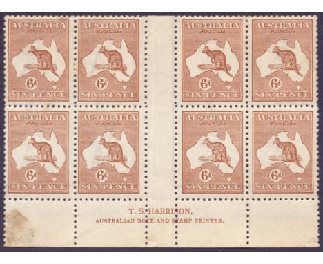 STAMPS AUSTRALIA : 1923 6d Roo in mint Harrison imprint block of eight (BW 21(3)z, cat $900), SG 73. Fine item, but with heav
