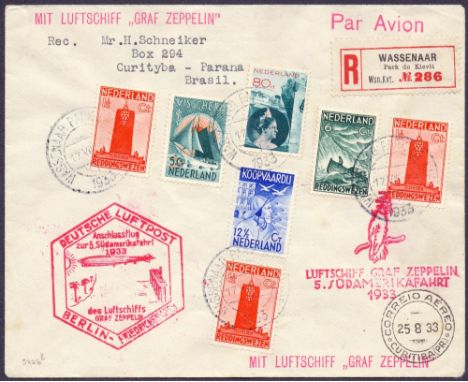 NETHERLANDS, 1933 Graf Zeppelin 5th South America flight. Attractive Dutch franking on a registered envelope, flown via Berli