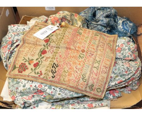 Unframed sampler by Mary Martin dated 1851, blue silk shawl with fringing, pierced and gilt decorated fan with a cream silk m