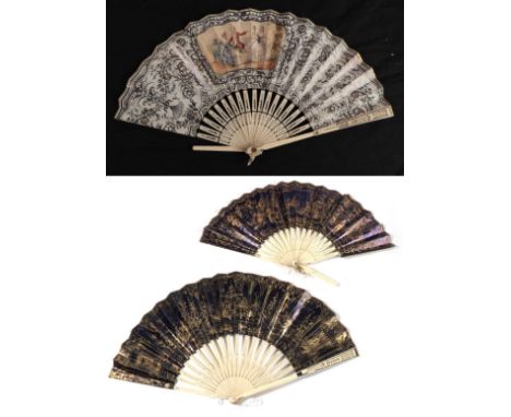 Two mid-19th century bone fans, lithographed, both lightly carved and gilded, comprising a paper fan with double leaf, with a