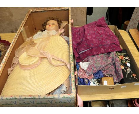 Large circa 1950s Milano jointed doll in original box, with brown curly wig, fully dressed in a white and pink trimmed dress,