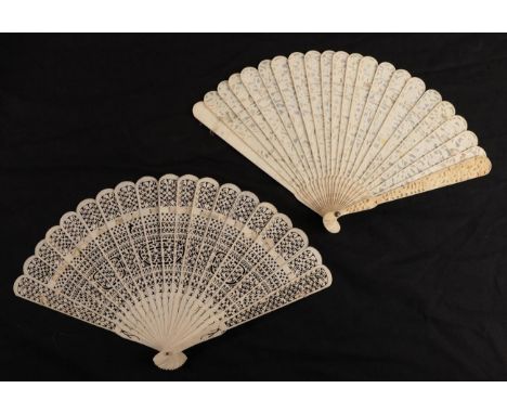 A circa 1840's Chinese Carved Ivory Brisé fan, Qing Dynasty, the twenty inner sticks and two guards carved with buildings, fi