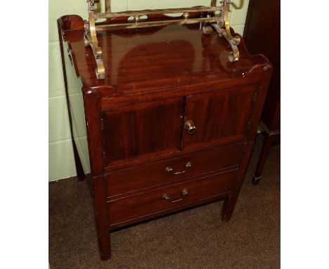 A George III mahogany tray top commode, with cupboard doors above a two-as-one drawer enclosing a commode, 58cm wide 