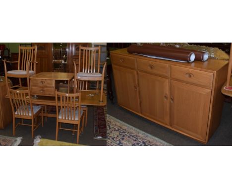 An Ercol suite comprising: a dining table; six chairs (4+2); and a sideboard  