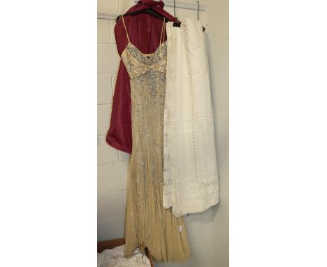 White linen drawn thread table cloth, 214cm by 240cm, and a Dolce Jovani cream full length evening dress in net with spaghett