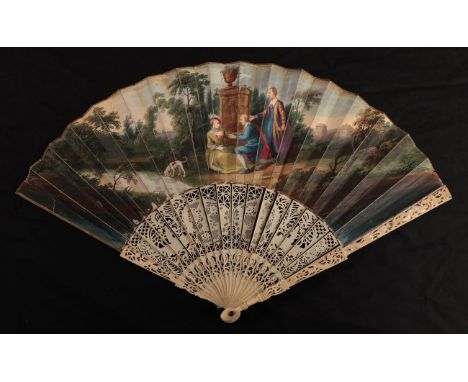 The Proposal: An 18th century carved ivory fan, the European paper leaf painted in good colour showing a lady seated in the g