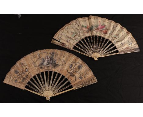 Two mid-18th century folding fans, both French and mounted on ivory. The first, with carved, silvered and gilded sticks, show