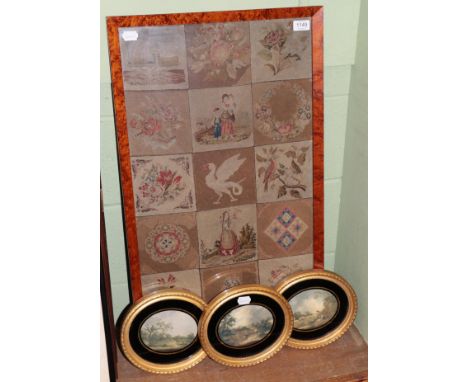 A 19th century bird's eye maple framed needlework panel comprising eighteen segments including train, flowers, figures etc, 7