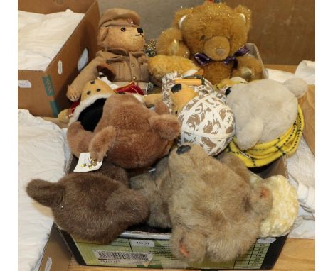 Merrythought teddy bear 'Help for Heroes' and another in WWI uniform with a miniature bear in his top pocket; 'Royal' bear wi