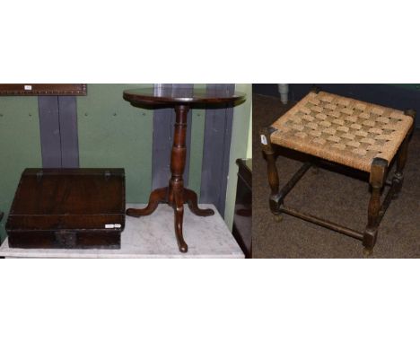 An 18th century and later tripod table; together with a late 18th/early 19th century clerks slope; and an early 20th century 