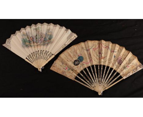 Two French fans, comprising a mid-18th century ivory fan with slender sticks, lightly carved and gilded, the upper guards mor