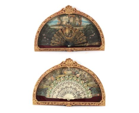 An unmatched pair of mid-19th century fans in elaborate shaped and gilded fan cases, both circa 1860's/1870's, comprising a b