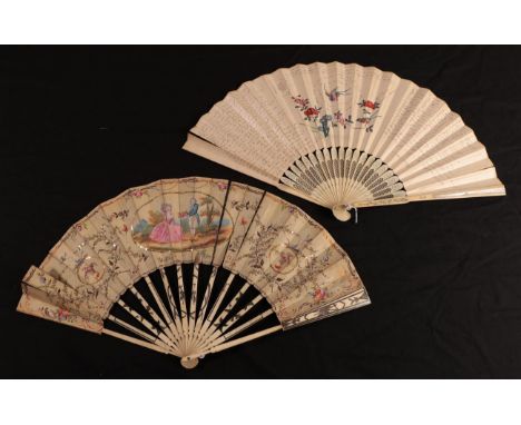 Conundrums: Two fans, comprising a unique 18th century ivory fan, the gorge carved and pierced, the upper guards overlaid wit