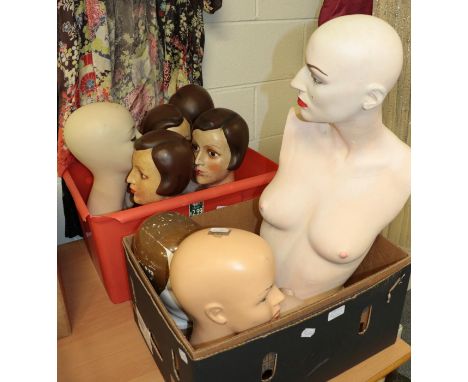 Modern standing female form/mannequin, modern mannequin bust and various reproduction heads (two boxes)