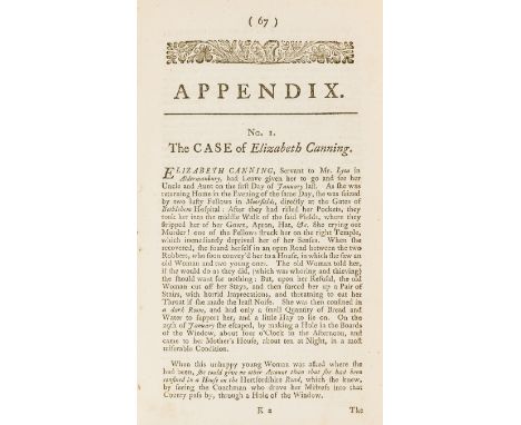 The Disappearance of Elizabeth Canning.- Canning's Magazine: Or, A Review of the Whole Evidence..., for C.Corbett, 1753 § Hil