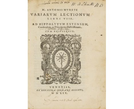 Muret (Marc Antoine) Variarum Lectionum libri octo, first edition, woodcut printer's device to title. Bb4 blank, errata f. at