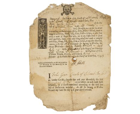Buried in wool.- Document certifying that Margaret Wild of Letcombe Regis in Berkshire has buried her infant in wool, wood-en