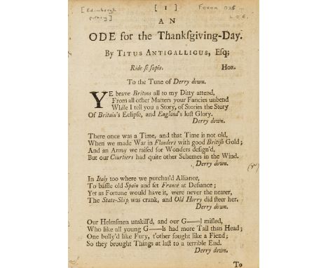 Antigallicus (Titus, pseud.) An Ode for the Thanksgiving-Day, 4pp., drop-head title, disbound, [?Edinburgh], [1749] § [Burges