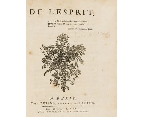 Helvétius (Claude Adrien) De l'Esprit, first edition, second issue, title with large floral ornament, woodcut head- and tail-