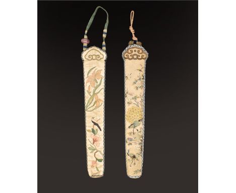TWO CHINESE EMBROIDERED SILK FAN CASES, QING DYNASTY, LATE 19TH CENTURY 清 刺繡扇套兩件 十九世紀晚期Each with birds and flowers on a satin