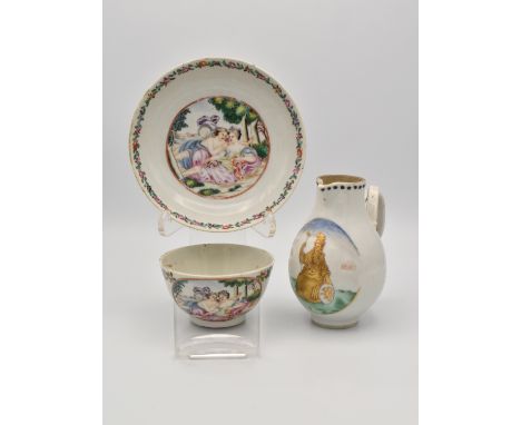 Ω A CHINESE EXPORT ‘FAMILLE-ROSE’ PORCELAIN EUROPEAN-SUBJECT TEA BOWL AND SAUCER, QING DYNASTY, QIANLONG PERIOD, CIRCA 1760清 