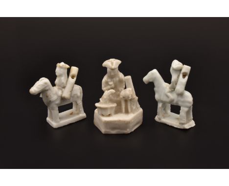 Ω A GROUP OF THREE CHINESE BLANC-DE-CHINE DEHUA ‘TOY’ FIGURES, QING DYNASTY, KANGXI PERIOD, 1662 – 1722清 康熙 德化西洋人物擺件一組All mod