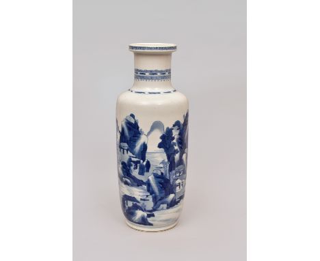 A CHINESE BLUE AND WHITE PORCELAIN ‘LANDSCAPE’ ROULEAU VASE, QING DYNASTY, KANGXI PERIOD, 1662 – 1722清 康熙 山水高士紋青花瓶一隻Painted i