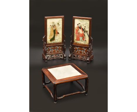 A PAIR OF CHINESE PAINTED MARBLE HARDWOOD TABLE STANDS, QING DYNASTY, LATE 19TH CENTURY清 加彩八仙大理石硬木架一對 十九世紀晚期Painted with Daoi