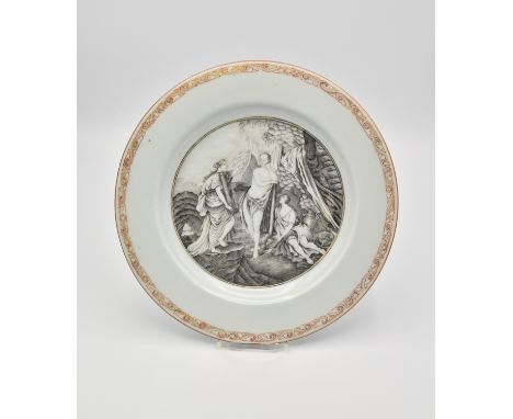 Ω A CHINESE EXPORT GRISAILLE-DECORATED PORCELAIN MYTHOLOGICAL PLATE, QING DYNASTY, QIANLONG PERIOD, CIRCA 1745清 乾隆 外销神話故事紋盤Pa