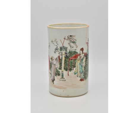 A CHINESE FAMILLE VERTE PORCELAIN ‘TOUHU’ BRUSH POT, BITONG, QING DYNASTY, KANGXI PERIOD, 1662 - 1722清 康熙 1662-1722 五彩人物故事壺紋筆