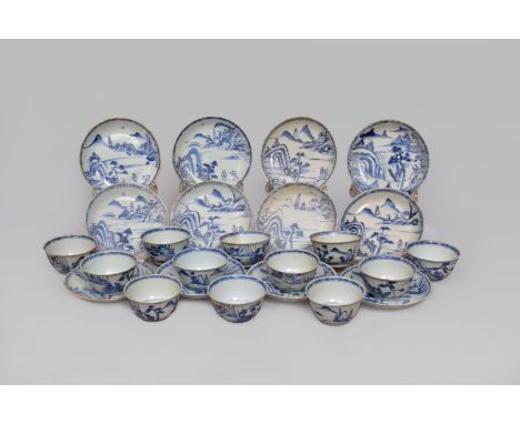 TWELVE CHINESE BLUE AND WHITE PORCELAIN TEA BOWLS AND SAUCERS, QING DYNASTY, KANGXI PERIOD, 1662 – 1722清 康熙 青花人物山水紋杯碟十二組Each 