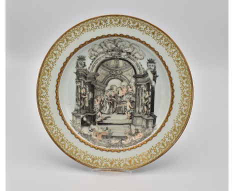 Ω A RARE CHINESE EXPORT GRISAILLE-DECORATED PORCELAIN ‘MARRIAGE’ PLATE, QING DYNASTY, QIANLONG PERIOD, CIRCA 1740清 乾隆 外销西洋事件紋