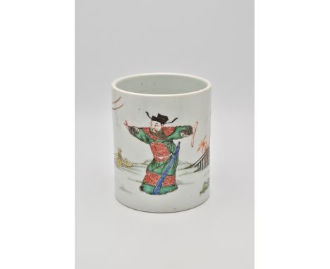 A CHINESE ‘FAMILLE-VERTE’ PORCELAIN BRUSH POT, BITONG, QING DYNASTY, KANGXI PERIOD, 1662 - 1722清 康熙 高士紋五彩筆筒Of cylindrical for