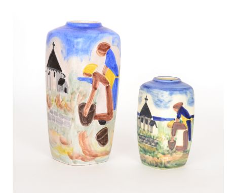 A pair of graduated Svend Nielsen for Soholm Pottery vases of shouldered square section with shallow collar necks, relief mou