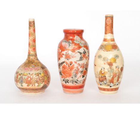 Three late 19th Century Japanese vases comprising a Satsuma example of globe and slender shaft form decorated with geisha gir