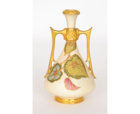 A late 19th Century Royal Worcester twin handled vase decorated with enamel and gilt stylised foliage against a blush ground,