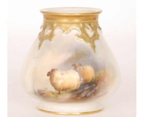 A Royal Worcester vase panel decorated by E Barker with hand painted sheep upon a mossy landscape, signed, puce mark with dat