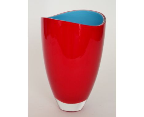 A contemporary Italian Murano glass vase by C. Nason of cylindrical form with a wave rim cased in clear crystal over ruby, op