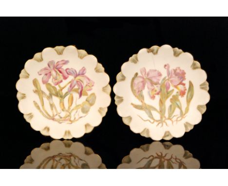 A pair of late 19th Century Royal Worcester cabinet plates each decorated with botanical studies of orchids (one titled to th