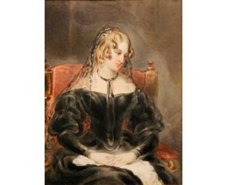 ENGLISH SCHOOL (MID 19TH CENTURY) - A portrait of a young lady wearing mourning dress, watercolour, framed, 20cm x 14.5cm