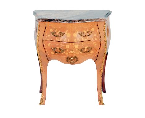 A 20th Century walnut marquetry veneered bombe fronted commode of small proportions, with rouge marble top above two drawers 