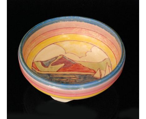 A Clarice Cliff Gibraltar pattern shape 357 three footed bowl circa 1933, hand painted with a coastal landscape with three sa