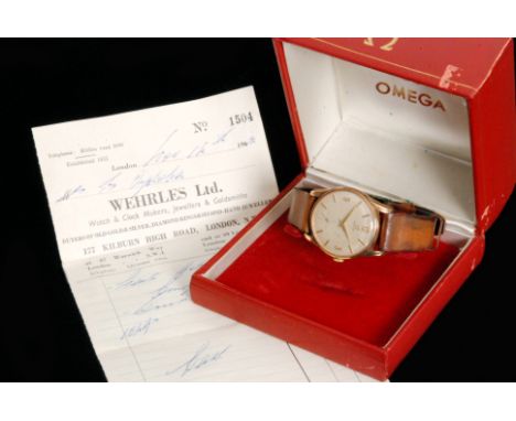 A 1960s 9ct Omega gentleman's manual wind wrist watch, the circular champagne dial with gilt Arabic numerals and applied bato