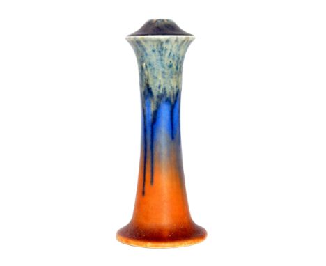 A Ruskin Pottery Lighthouse lamp base decorated in a tonal green to blue to orange glaze, impressed marks and dated 1930, hei