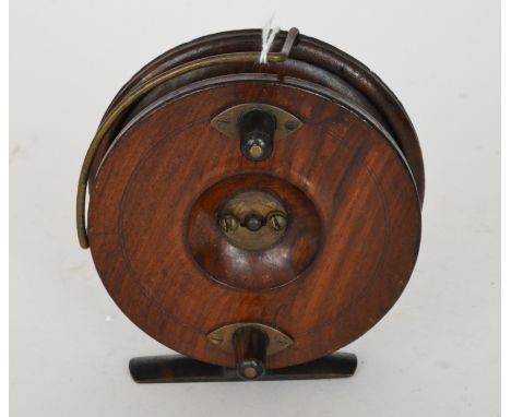 A Hardy Nottingham pattern walnut and brass starback reel, telephone latch, twin horn handles on brass eye plates,brass line 