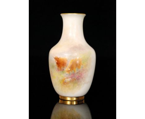 A Royal Worcester baluster vase panel decorated with Highland cattle in a mossy landscape, signed H Stinton, black mark with 