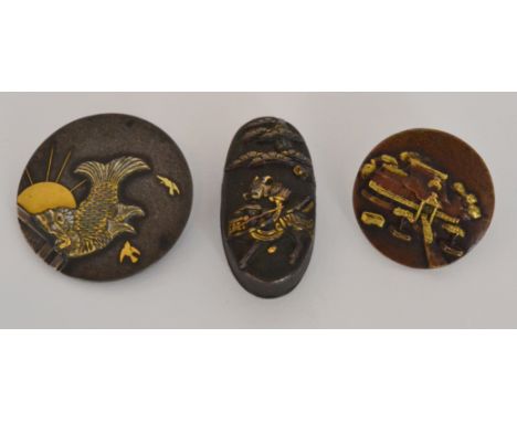 A Meiji period Japanese Menuki kashira, decorated in relief with mixed metals depicting a samauri warrior riding a lion, unsi