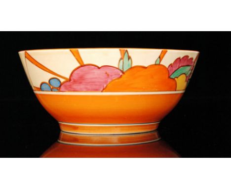 A large Clarice Cliff Fruitburst pattern Havre shape fruit bowl circa 1930, hand painted with a band of stylised flowers, fol
